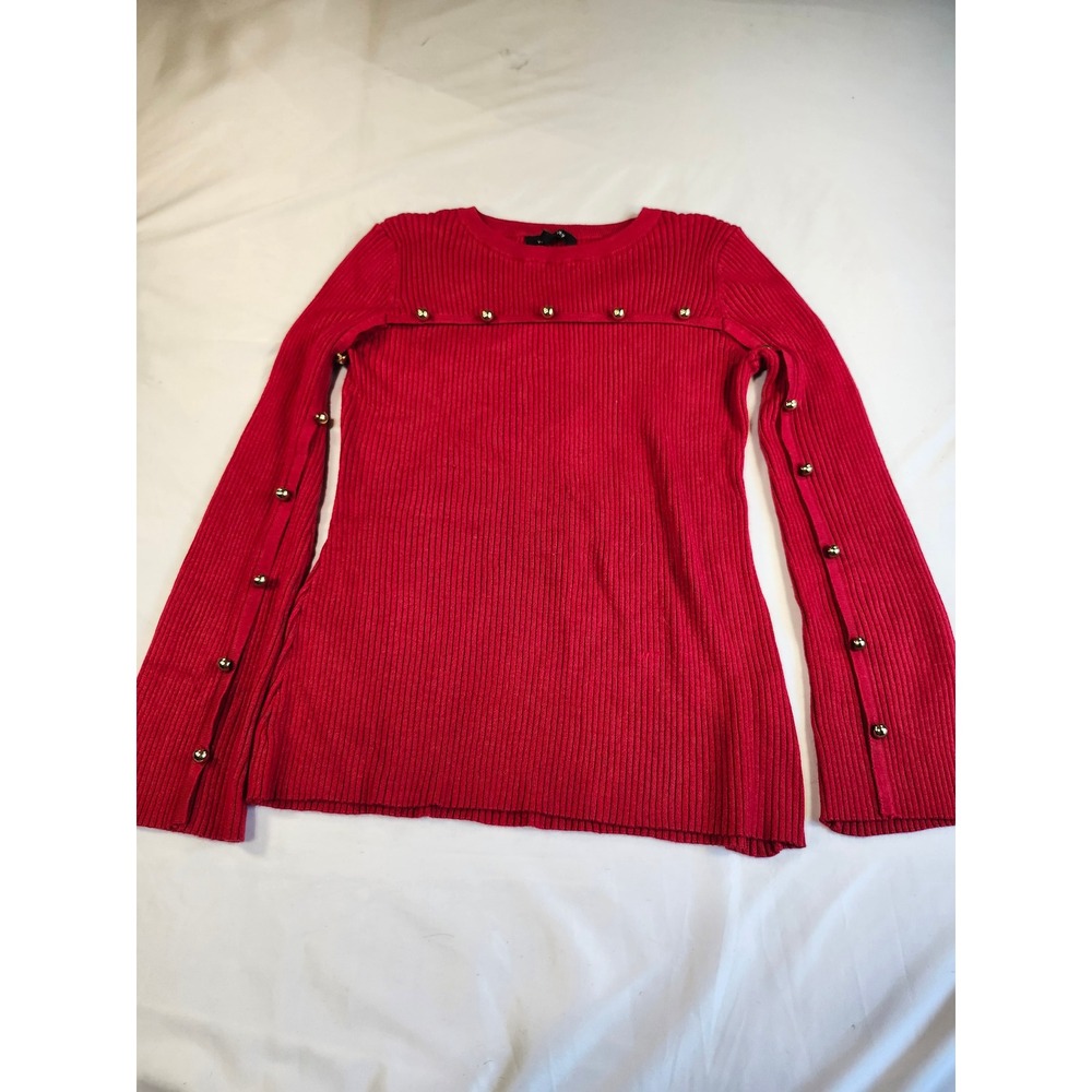 Relativity Womens Red Ribbed Knit Long Sleeve Top Gold Stud Accents Crew Neck M